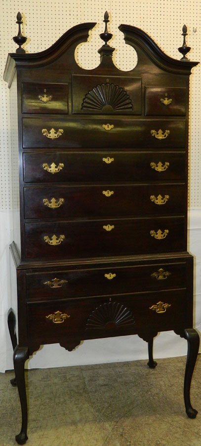 19th C solid mahogany QA two part highboy.: 19th Century solid mahogany Queen Anne two part highboy. 40" wide x 27" deep x 91" tall.