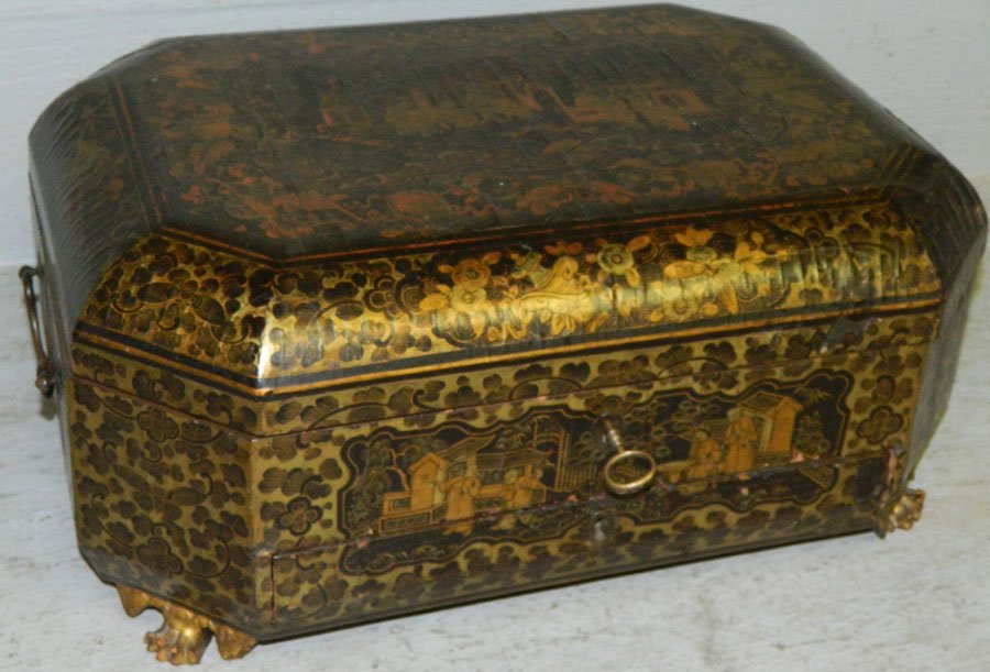 Chinese lacquered and Chinoiserie sewing stand.: Chinese lacquered and Chinoiserie gilt decorated sewing stand with fitted interior. 14 1/2" wide x 10 1/2" deep x 6 1/2" tall.