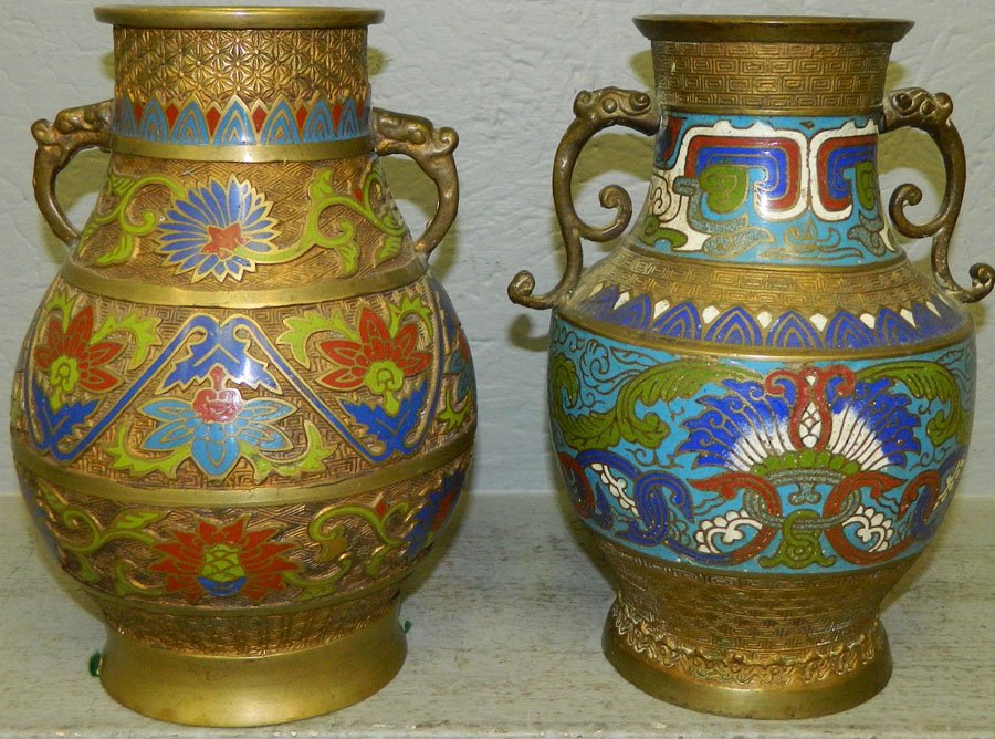 (2) double handle Champleve urns.: (2) double handle Champleve urns. 9 3/4" and 10" tall.