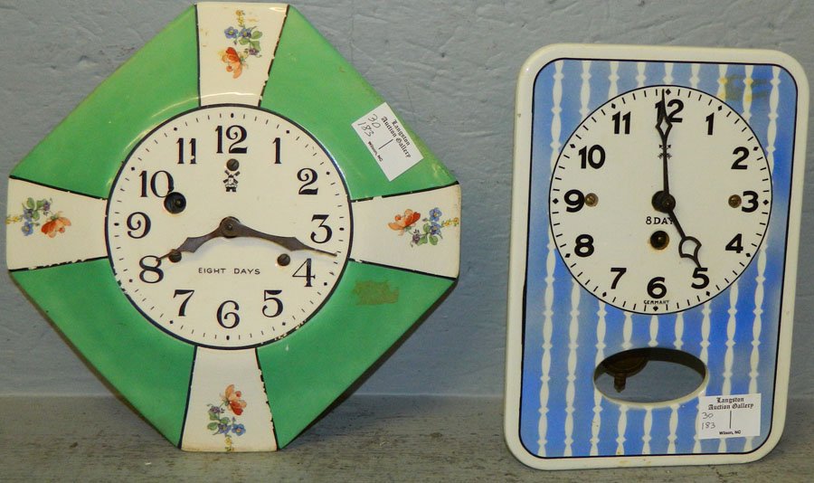 (2) Porcelain dial 8 day kitchen clocks.: (2) Porcelain dial 8 day kitchen clocks. 9 1/2" x 6 1/2" and 10 3/4" square.