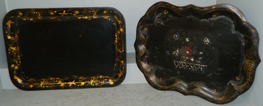 (2) Hand painted tole trays. 29" and 30 1/4".: (2) Hand painted tole trays. 29" and 30 1/4".