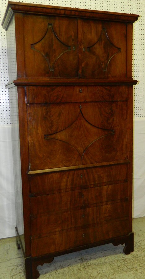 Crotch mahogany abbatant with inlaid interior.: Crotch mahogany abbatant with inlaid interior. 39 1/2" wide x 20" deep x 79" tall.