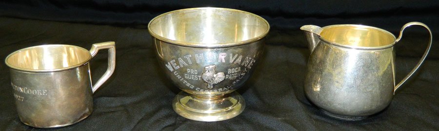 Sterling trophy cup, baby cup & sugar, 8.095 t.o.: Sterling trophy cup, baby cup and sugar, 8.095 troy ounces. Trophy cup 4 1/2" diameter x 3" tall, cup 2" tall, sugar 3 1/2" tall.