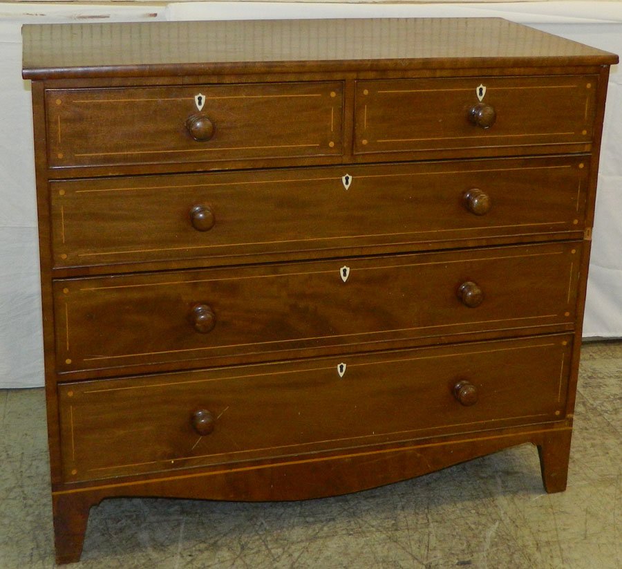 19th C mahogany inlaid 2/3 Hepplewhite chest.: 19th Century mahogany inlaid 2/3 Hepplewhite chest with original knobs. 48" wide x 23" deep x 42" tall.