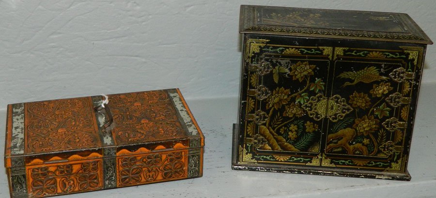 (2) Tole biscuit tins.: (2) Tole biscuit tins. W & R Jacob & Co, and Cadbury. 4" x 2" x 7" and 3 1/2" x 5 1/2" x 7".