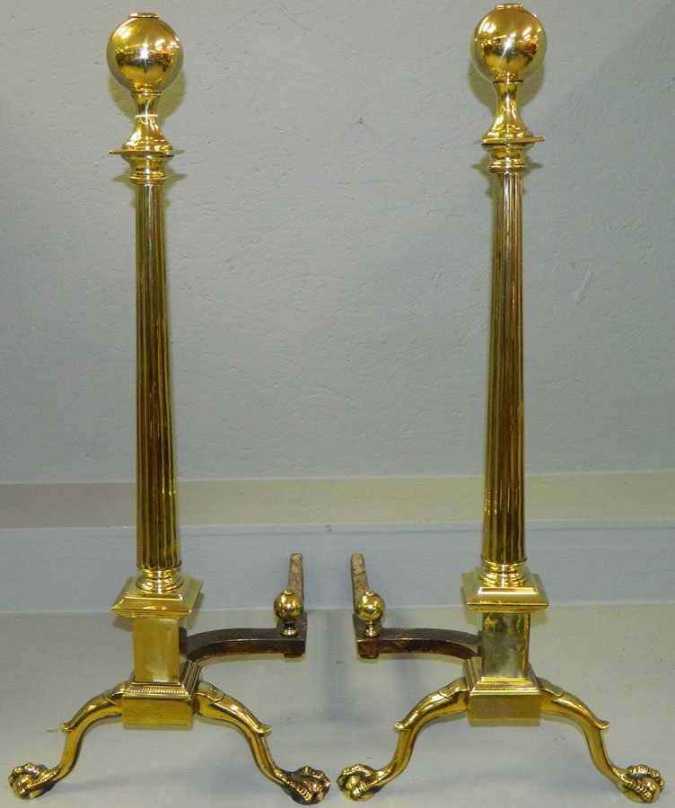 Pair of tall cannonball andirons w/ball & claw feet.: Pair of tall cannonball andirons with ball and claw feet. 36" tall.