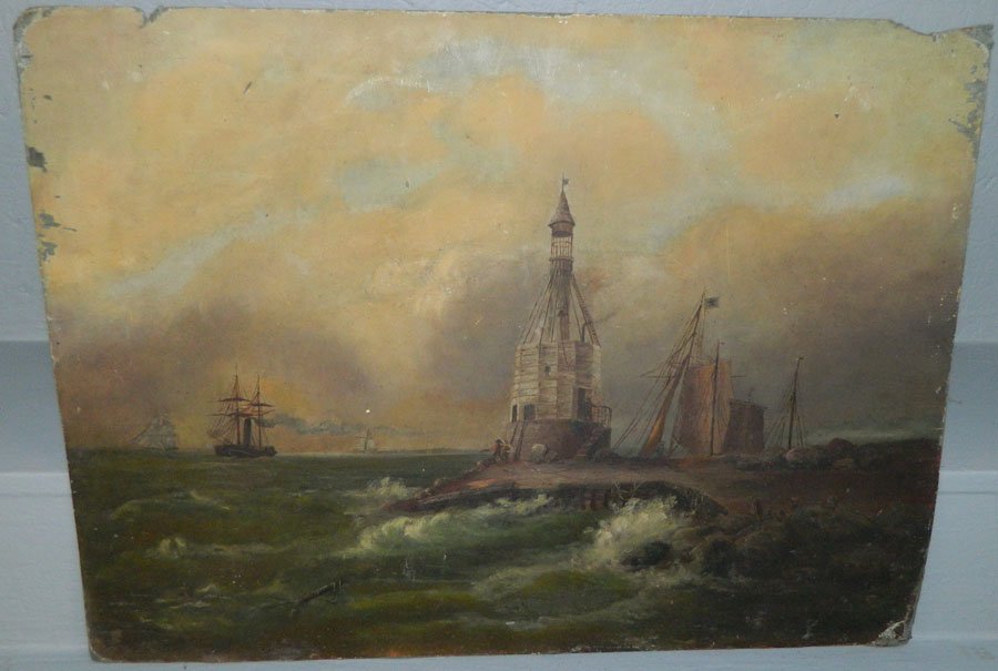 Oil on artist board of lighthouse with sailing ships.: Oil on artist board of lighthouse with sailing ships. 18 1/2" x 24 1/2".