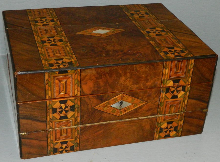 Inlaid burl walnut lap desk.: Inlaid burl walnut lap desk. 12" wide x 9" deep x 6" tall.