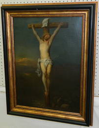 19th Century oil on canvas of crucifixion.