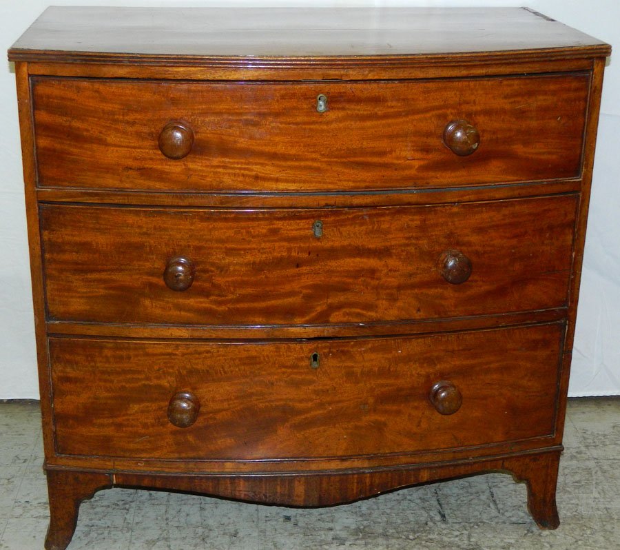 Period Hepplewhite bowfront three drawer chest.: Period Hepplewhite bowfront three drawer chest. 36" wide x 20 1/2" deep x 34" tall.