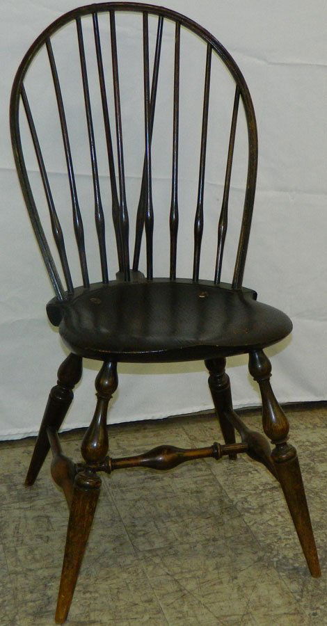 Wallace Nutting Windsor brace back chair w/label.: Wallace Nutting Windsor brace back chair with label. 37 1/2" back.