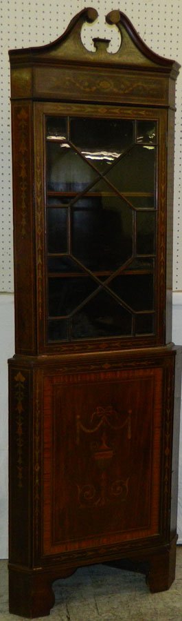 Marquetry inlaid glass front corner cabinet.: Beautiful marquetry inlaid glass front corner cabinet. 27" wide x 81" tall.