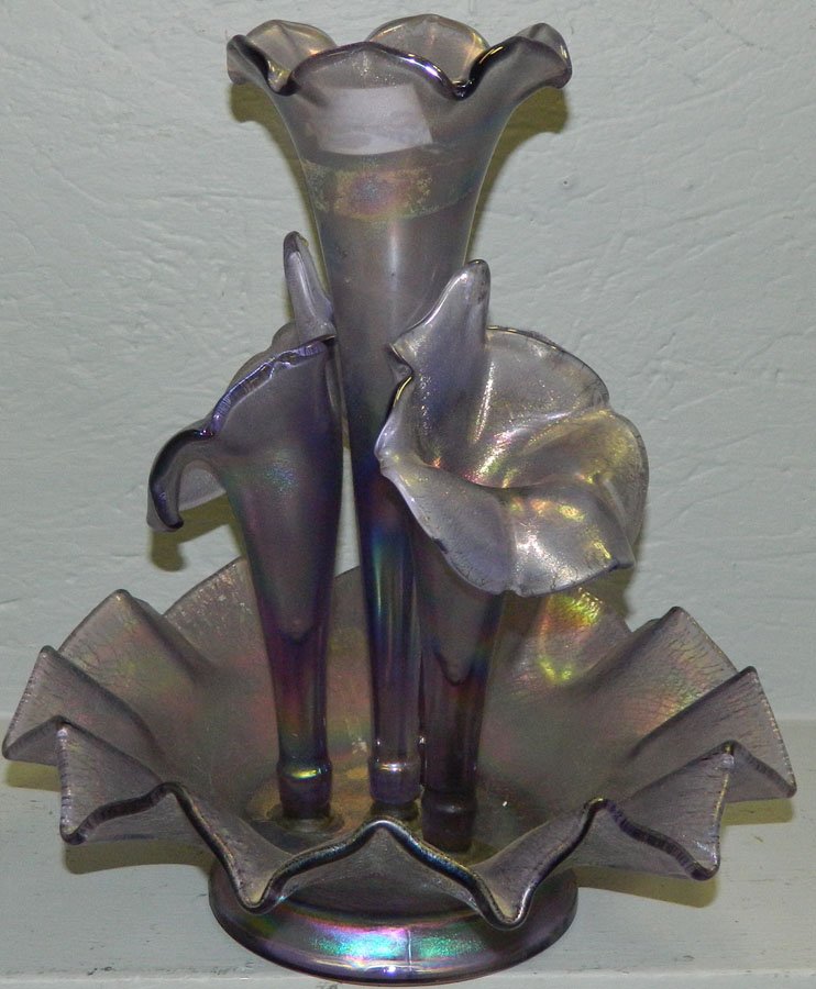 Art glass iridescent amethyst epergne. 13" tall.: Art glass iridescent amethyst epergne. 13" tall.