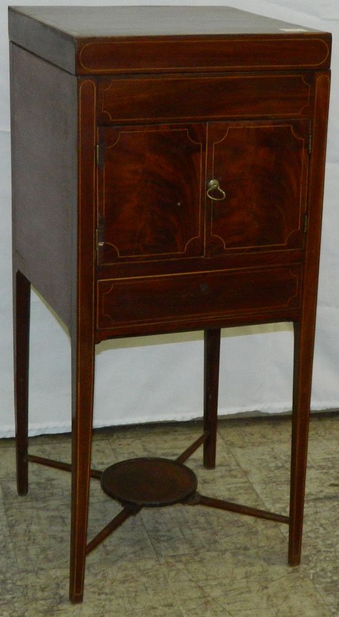 Inlaid Hepplewhite mahogany washstand.: Inlaid Hepplewhite mahogany washstand. 15 1/2" wide x 15" deep x 34 1/2" tall.