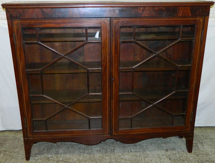 Inlaid Hepplewhite glass door curio.: Inlaid Hepplewhite glass door curio. 56" wide x 11" deep x 49" tall.