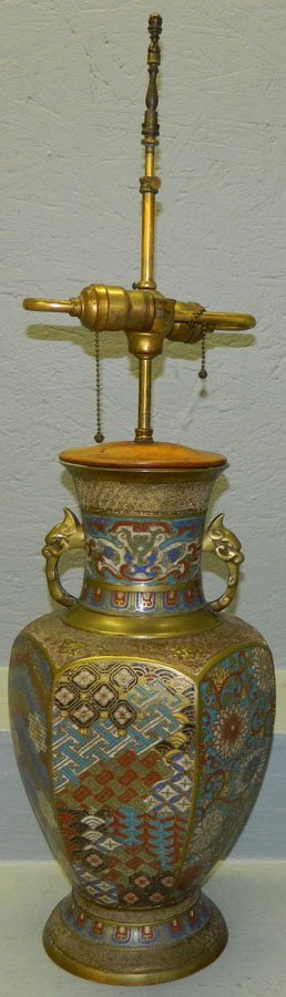 Cloisonne and champleve urn made into lamp.: Cloisonne and champleve urn made into lamp. Urn 18" tall.