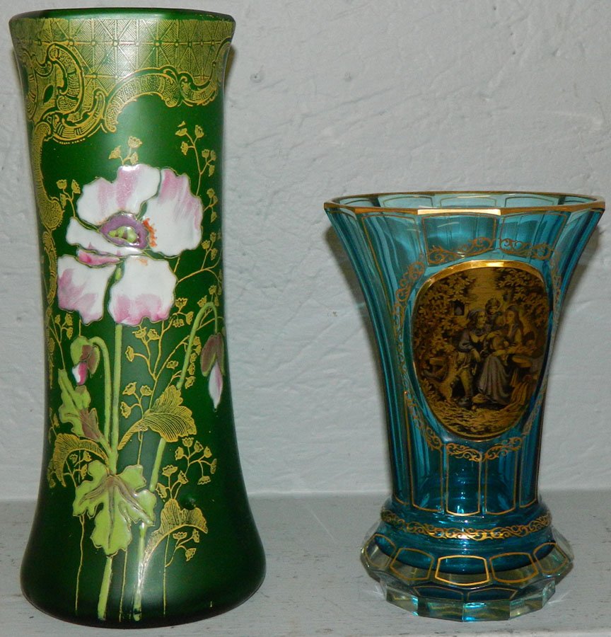 Etched art glass vase and a cobalt blue vase.: Etched art glass vase with enamel flowers and a cobalt blue vase with gold decorated plaque. Enamel 11" tall, blue 7 1/2" tall.