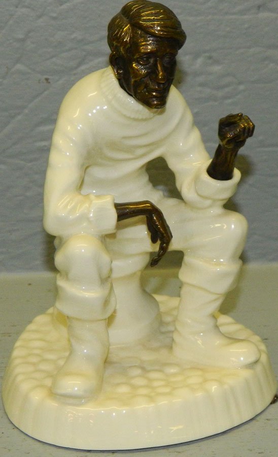 Signed Minton porcelain and bronze figurine.: Signed Minton porcelain and bronze figurine titled "Travellers' Tales", 1976. 7 1/2" tall.