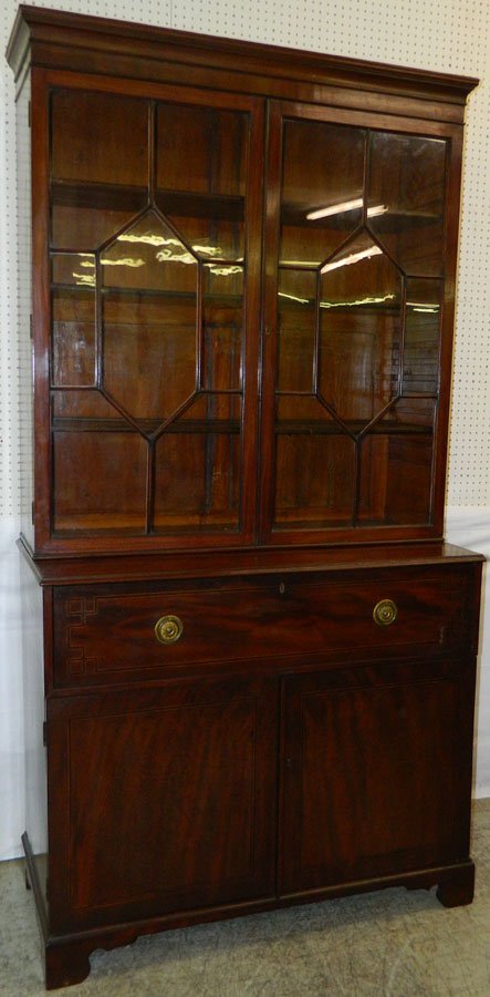 Inlaid Georgian mah butler's desk.: Inlaid Georgian mahogany butler's desk with fitted interior and leather writing surface, includes key. 48 1/2" wide x 22" deep x 93" tall.