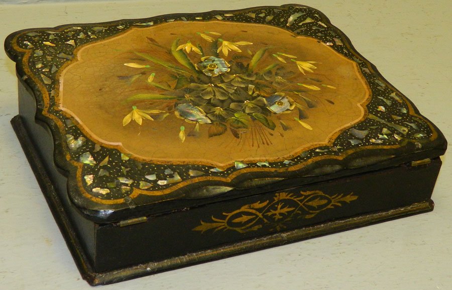 Papier mache and lacquered lap desk.: Papier mache and lacquered lap desk. 11" wide x 8" deep x 3" tall.