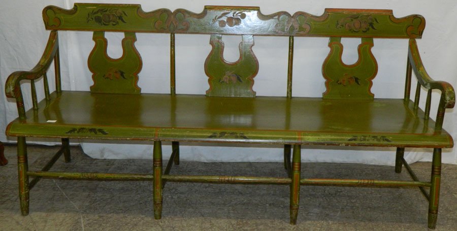 Fine tole painted plank bench in original paint.: Fine tole painted plank bench in original paint. 78" wide x 23 1/2" deep x 35 1/2" tall.