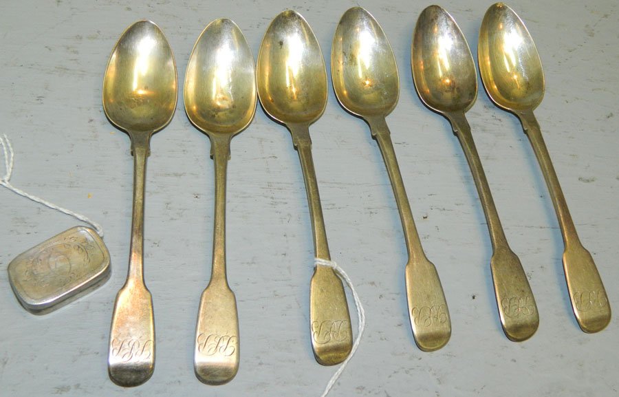 6 George III five o'clock spoons & a pill box.: Set of 6 George III five o'clock spoons by Robert Hennell, London 1839 and a Birmingham pill box by J. Taylor, 1801. Spoons 5 1/2" long, pill box 1 1/4" x 3/4" x 1/4".