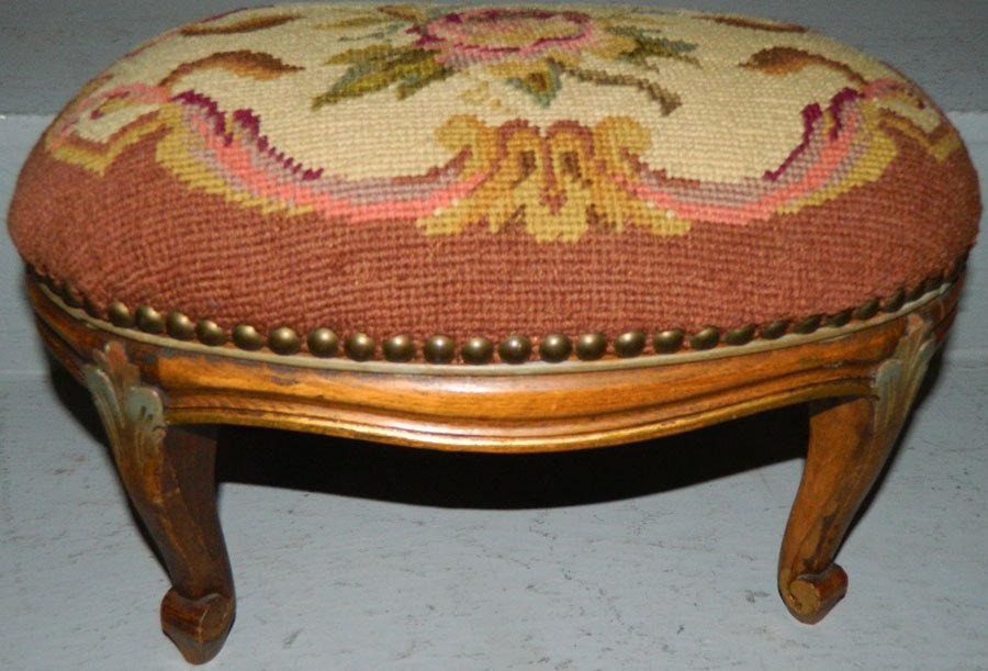 French needlepoint stool with gold decoration.: French needlepoint stool with gold decoration, marked on bottom but not legible. 14 1/2" wide x 10" deep x 9" tall.