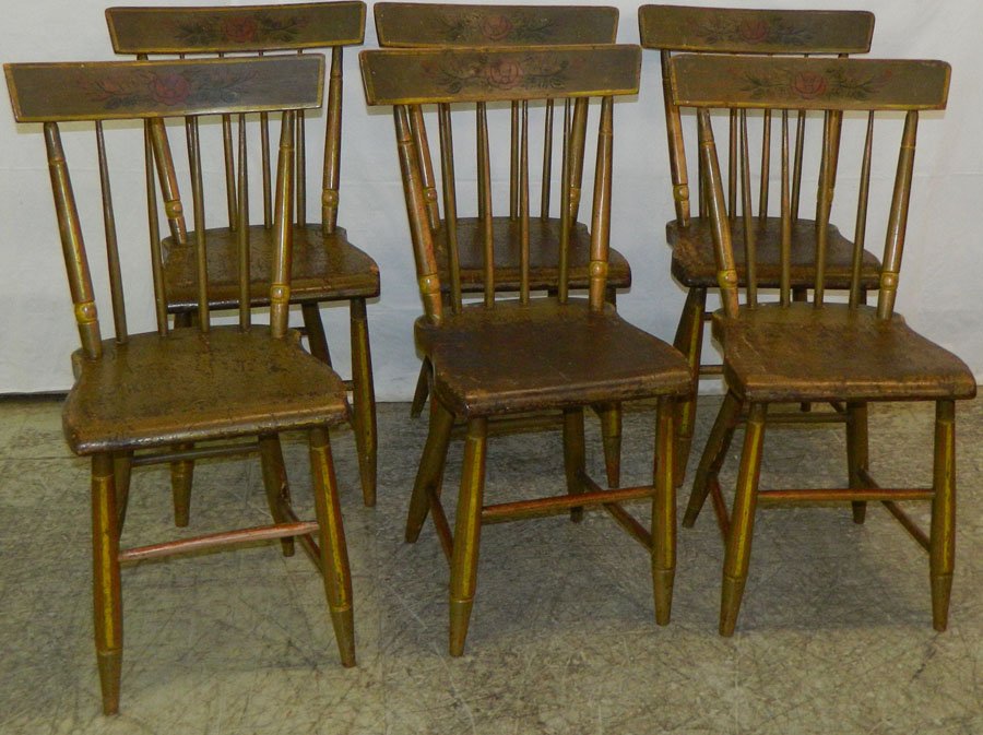 6 plank seat Windsor chairs in original paint.: Set of 6 plank seat Windsor chairs in original paint. 33 1/2" backs.