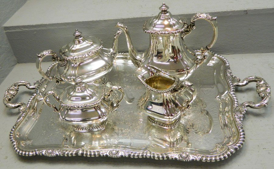 Gorham 5 pcs silver plate tea service.: Gorham 5 pcs silver plate tea service. Tray 28 1/2" x 16 3/4" teapot 10"h
