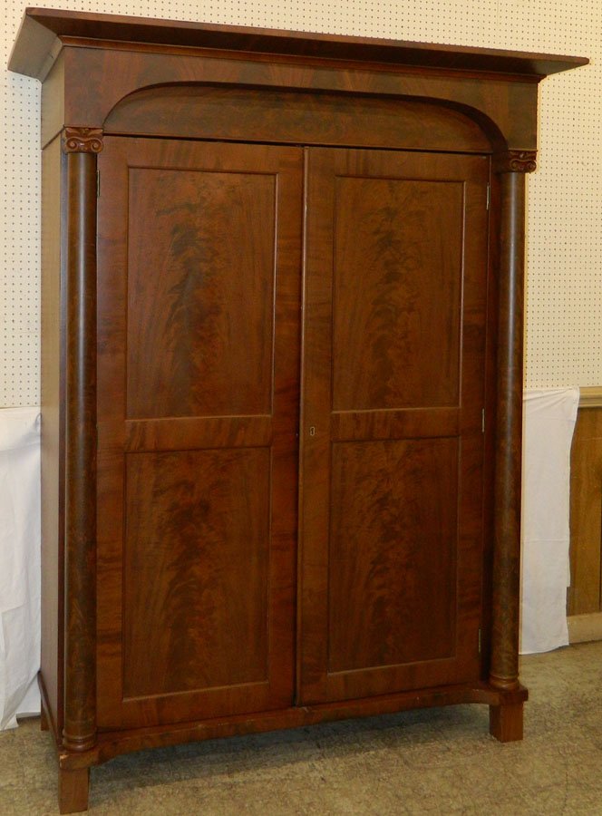 Empire Mahog linen press w/ crotch mahog doors.: Empire Mahogany linen press w/ crotch mahogany doors. 69 1/4 x 28 1/4 x 88 1/2" h