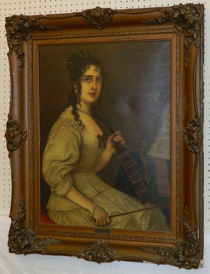 German oil on canvas, Signed by Anton Kaulbach: German oil on canvas lady with violin Signed by Anton Kaulbach 41 1/2" x 33 1/2"