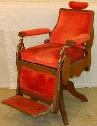 19th c oak barber chair labeled H. Pauk & Sons