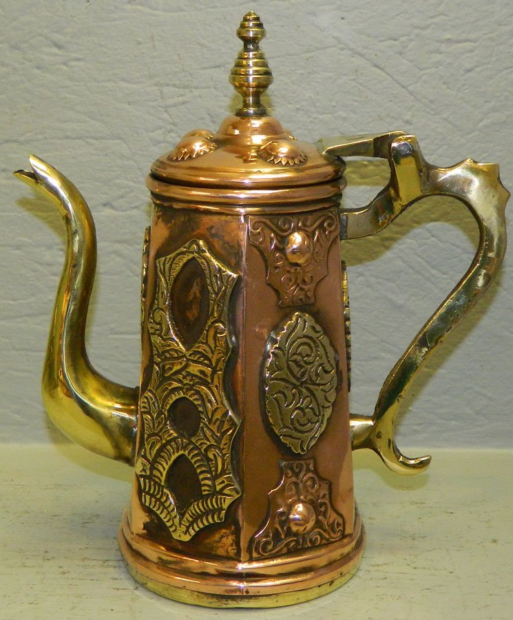 Brass & copper tea pot 11"h: Brass & copper tea pot 11"h