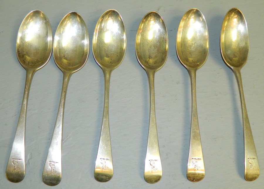 Set (6) George II sterling serving spoons (13.23 t.o.): Set of Six (6) George II sterling serving spoons by Alexander Farqharson, circa 1733. (13.23 troy oz)