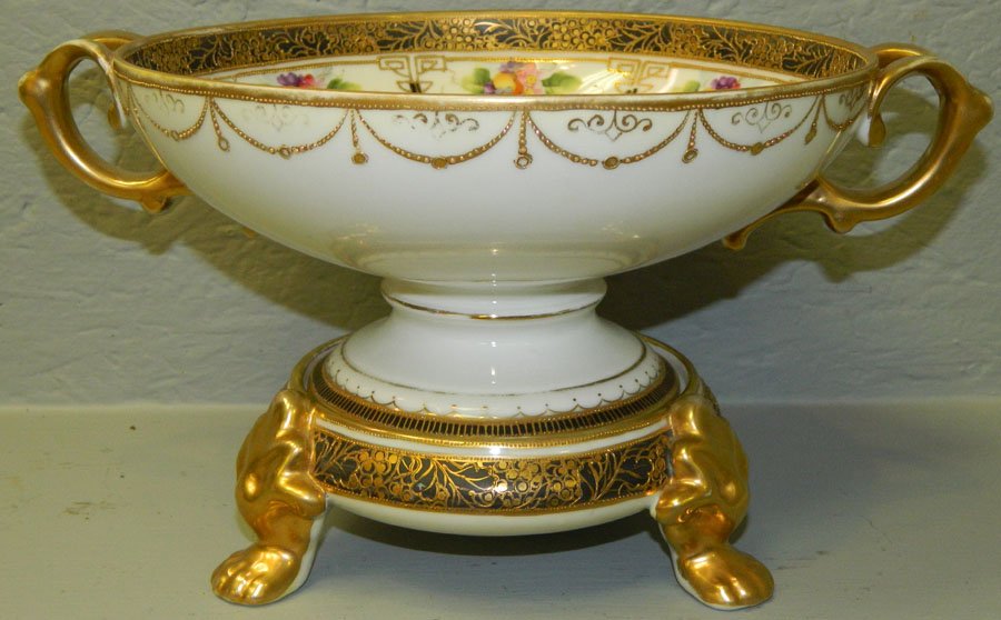 HP Nippon 2 pc gilt dec punch bowl w/ stand,: Hand painted Nippon 2 pc gilt decorated punch bowl w/ stand, 6 1/2" h x 12 1/4" w.