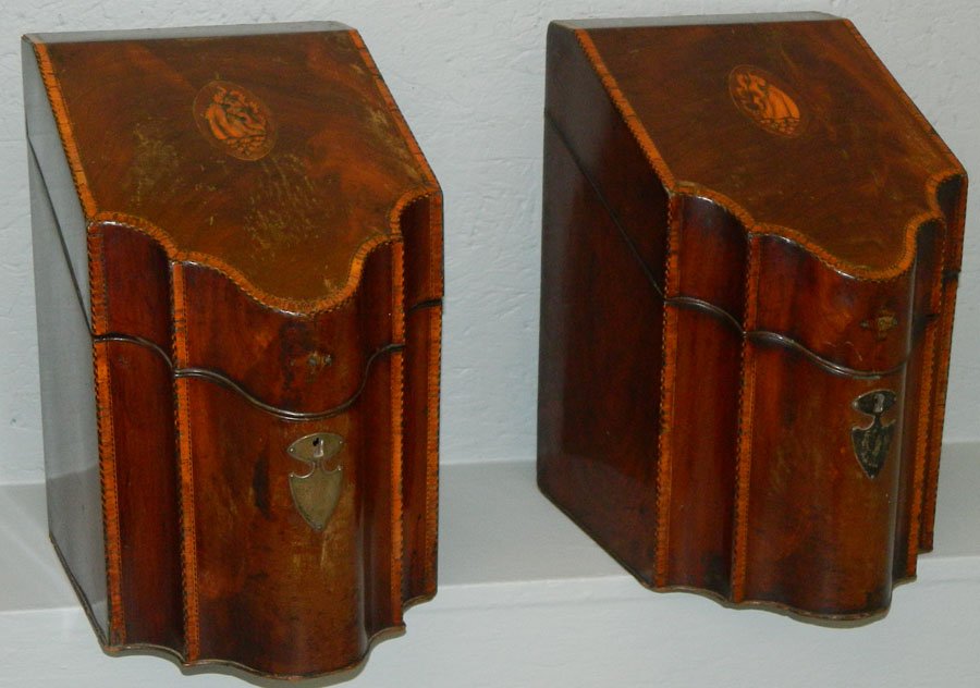 Pr Hepplewhite fitted inlaid knife boxes, c 1800.: Pair Hepplewhite fitted inlaid knife boxes, circa 1800. 8 3/4" x 11 1/4" x 14 1/4" h.