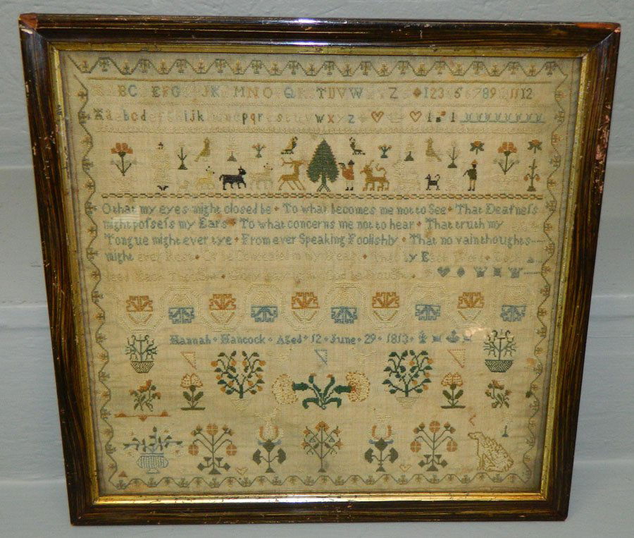 Framed Sampler by Hannah Hancock: Framed Sampler by Hannah Hancock , aged 12, June 29, 1813. 13 1/4" x 13 1/3".