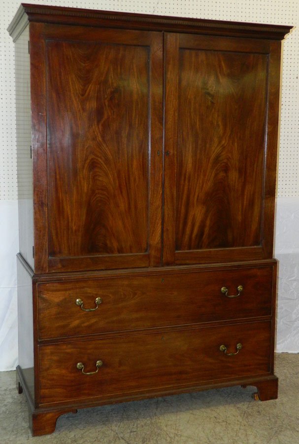 Mahogany 19th c. linen press w/2 trays: Mahogany 19th c. linen press w/2 trays and antique swan neck handles. 55 1/4" x 25" x 80 3/4".