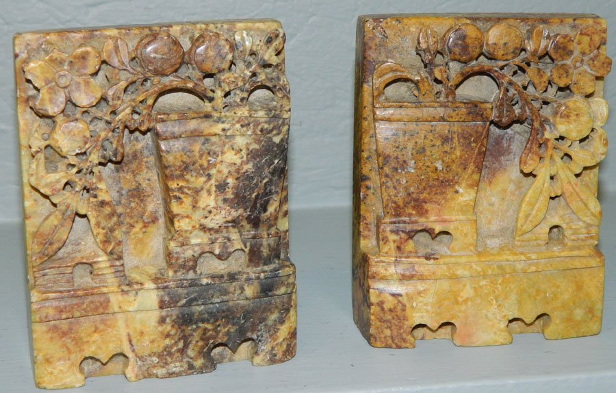 Pair carved soapstone bookends 5 1/4" h.: Pair carved soapstone bookends 5 1/4" h.