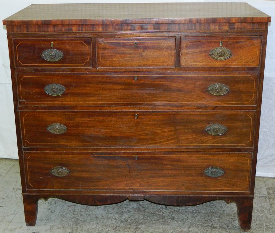 Mahogany 19th c. 3/3 Hepplewhite inlaid chest: Mahogany 19th c. 3/3 Hepplewhite inlaid chest w/ jellif head handles. 22" x 46" x 42" h.