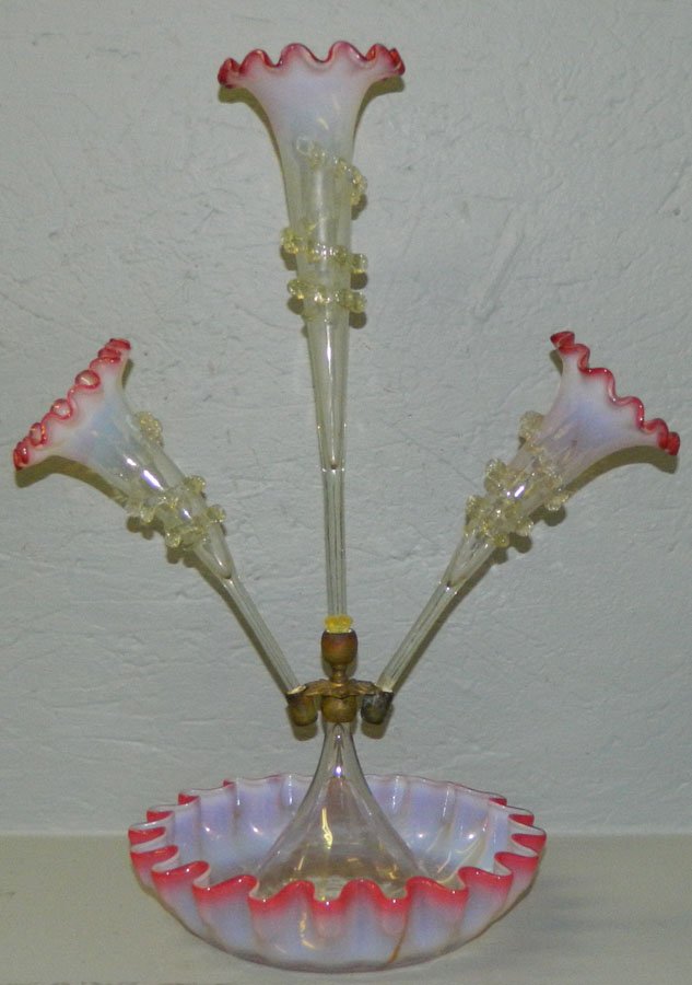 Three branch art glass epergne. 18" h x 14" wide.: Three branch art glass epergne. 18" h x 14" wide.