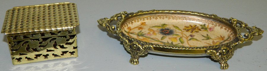 Porcelain brass bound dish & brass pierced box.: Porcelain brass bound dish w/ Japanese marks and brass pierced box. 8 1/2" x 3 3/4"
