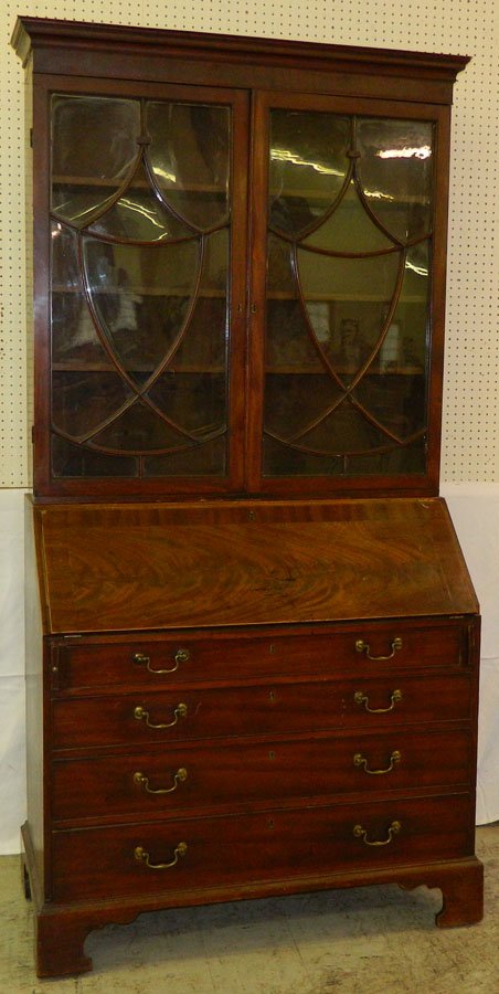 19th c. mah secretary w/ orig swan neck handles.: 19th c. mahogany secretary w/ original swan neck handles. 1 glass panel is cracked. 21 1/2" x 44" x 89" h.