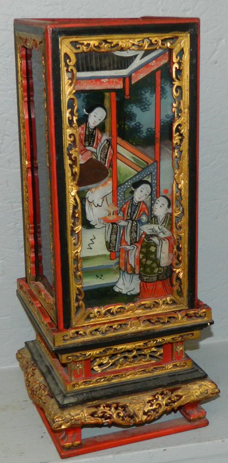 Chinese carved gilt wood lantern w/ h.p. glass. (1 of 2)