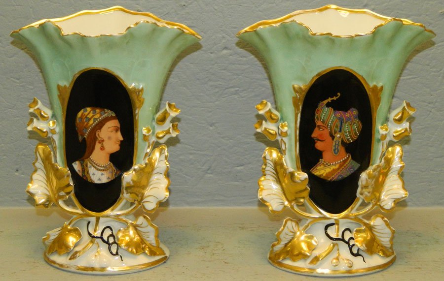 Pair of portrait Old Paris vases. 11" tall. (1 of 3)