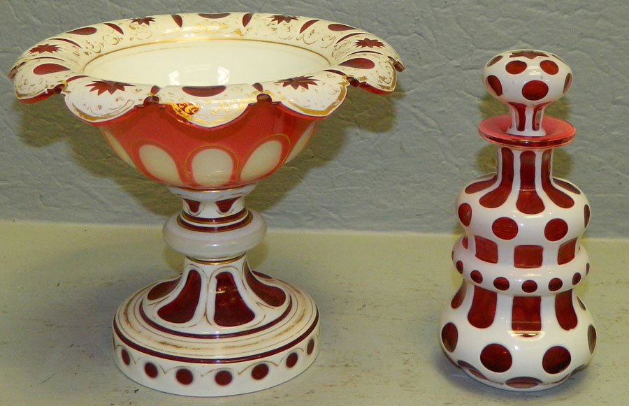 Cran. overlay decanter, ruby & white compote.6" (1 of 2)