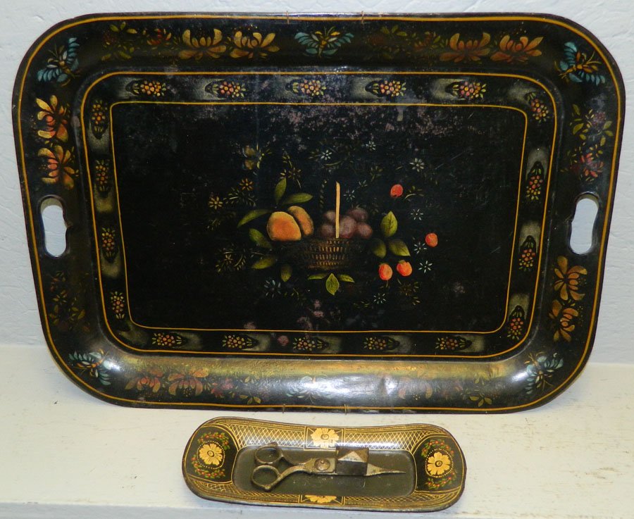 Tole tray and snuffer w/tray.: Tole tray, smaller tray and snuffer. Large tray- 22"x 16"