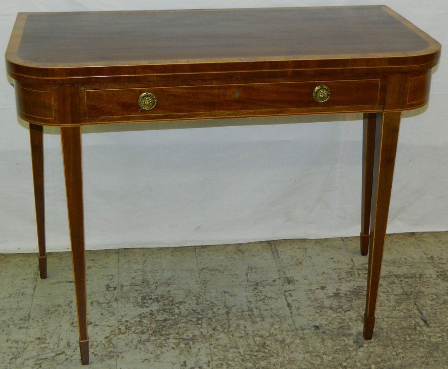 Banded top inlaid HW game table w/felt top. (1 of 3)