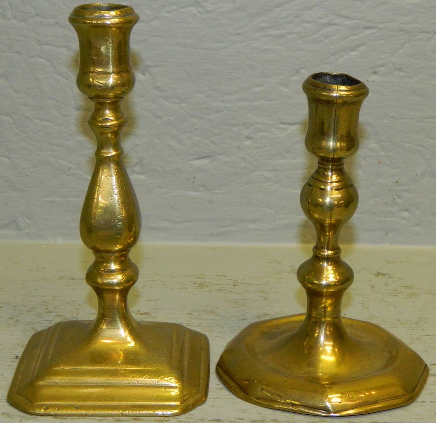 2 18 C. Queen Anne brass candlesticks. (1 of 2)