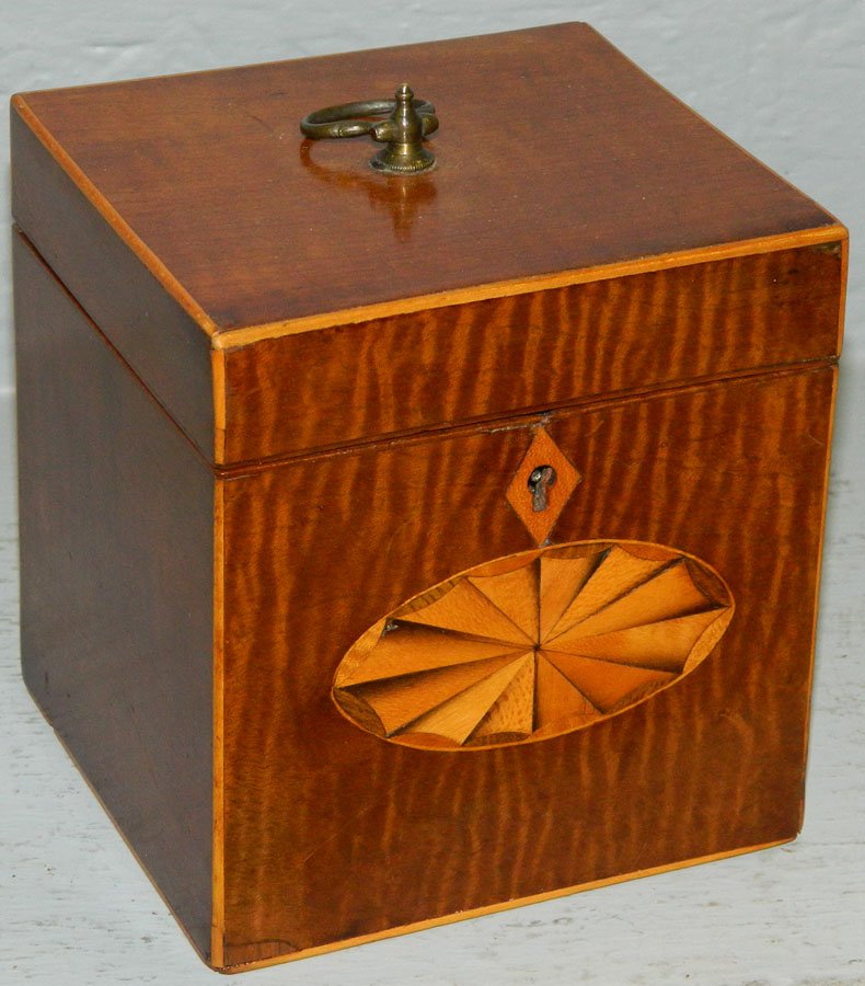 19th c. Tiger cherry tea caddy w/satinwood inlay. (1 of 3)